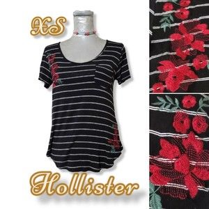 Hollister Stripe Pocket T Hi-lo Embroidered Flower y2k Black xs